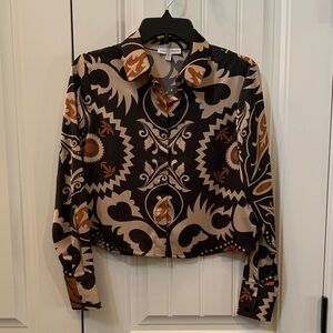 Elegant Crop Patterned Blouse in Black and Brown